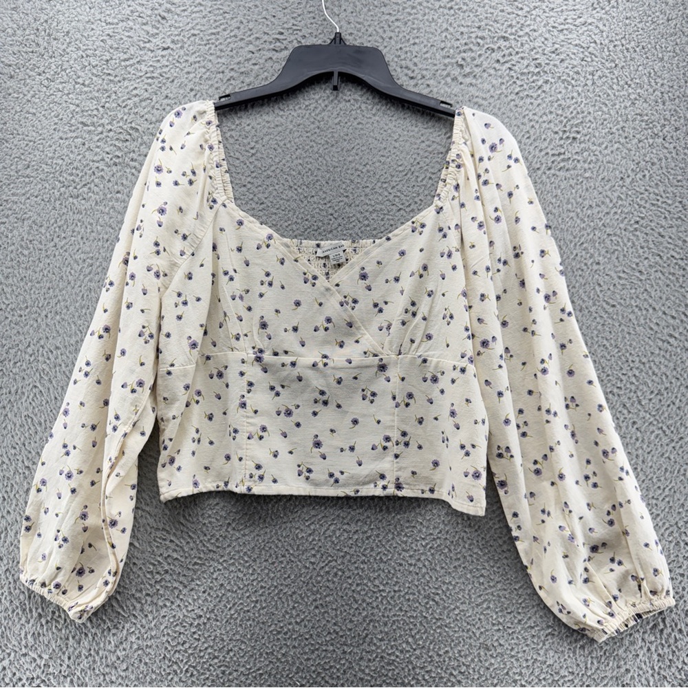 American Eagle Top Womens Large Boho Peasant Blouse Purple Floral Smocked‎ NEW